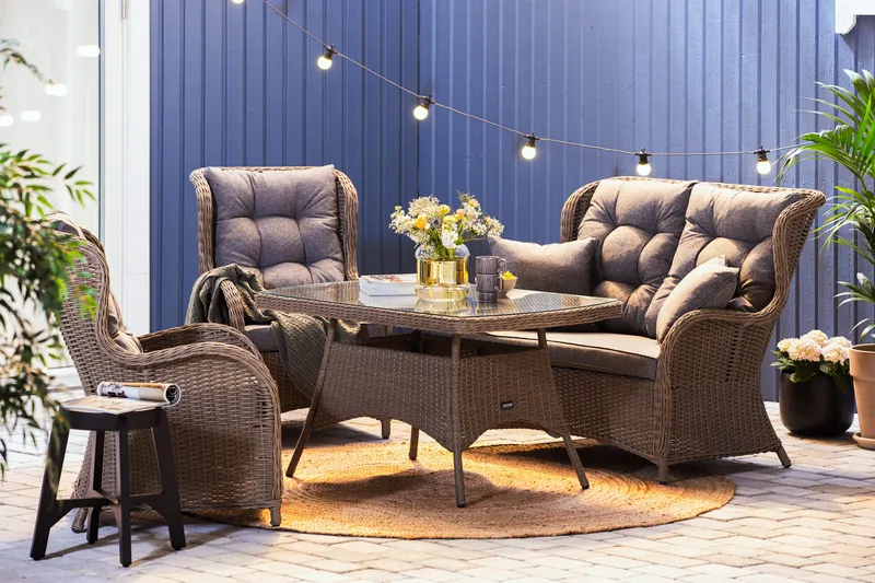 Marcus Soffgrupp 2-sits Ink. Fåtöljer - Brun / Gråa dynor - Utemöbler - Utegrupp - Loungegrupp