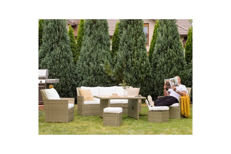 Loungegrupp med bord Fonti Vit/brun - Vit/brun - Utemöbler - Utegrupp - Loungegrupp