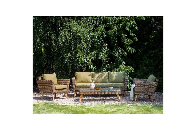 Loungegrupp med bord Vittoria Beige/grönt/mörkt trä, 5-Sits - Beige/grönt/mörkt trä, 5-Sits - Utemöbler - Utegrupp - Loungegrupp