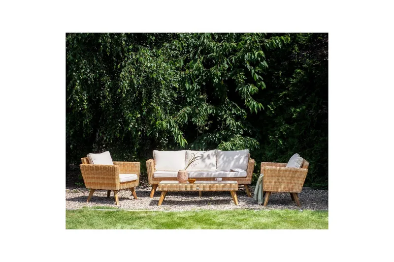 Loungegrupp med bord Vittoria Beige/vit/ljust trä, 5-Sits - Beige/vit/ljust trä, 5-Sits - Utemöbler - Utegrupp - Loungegrupp