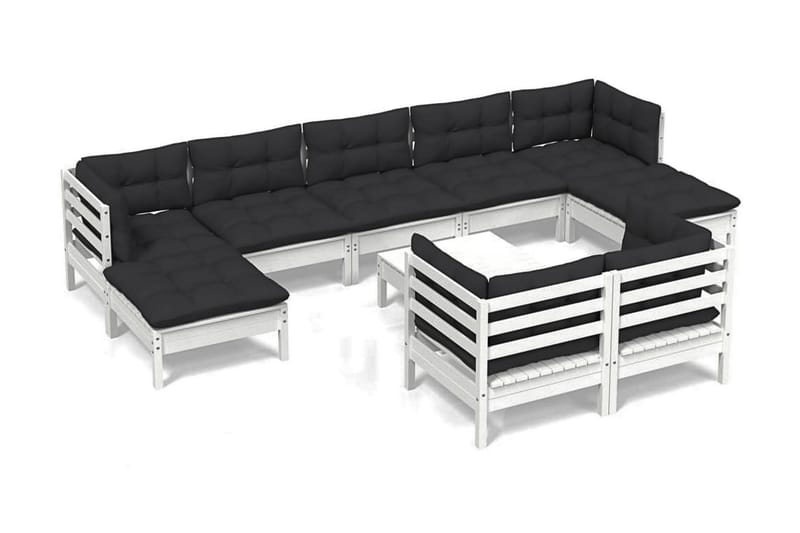 Loungegrupp Utomhus med dynor 10 delar vit massiv furu - Vit/svart - Utemöbler - Utegrupp - Loungegrupp