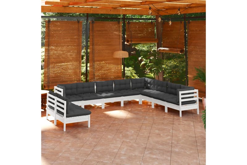 Loungegrupp Utomhus med dynor 10 delar vit massiv furu - Vit/svart - Utemöbler - Utegrupp - Loungegrupp