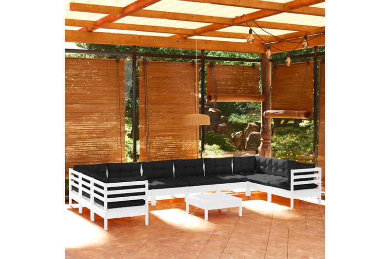 Loungegrupp Utomhus med dynor 11 delar vit massiv furu - Vit/svart - Utemöbler - Utegrupp - Loungegrupp