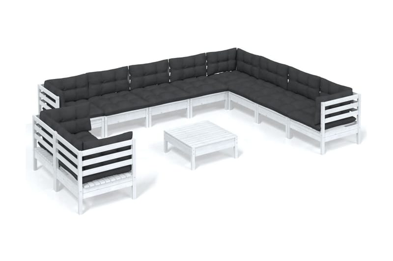 Loungegrupp Utomhus med dynor 11 delar vit massiv furu - Vit/svart - Utemöbler - Utegrupp - Loungegrupp