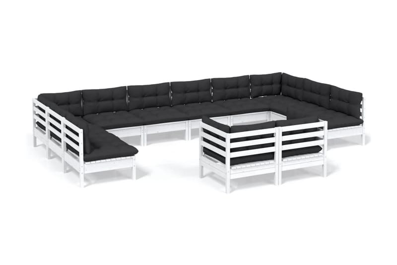 Loungegrupp Utomhus med dynor 12 delar vit massiv furu - Vit/svart - Utemöbler - Utegrupp - Loungegrupp