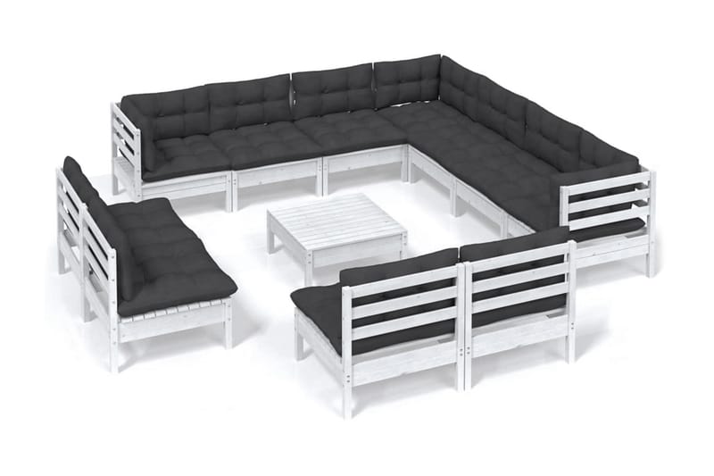 Loungegrupp Utomhus med dynor 12 delar vit massiv furu - Vit/svart - Utemöbler - Utegrupp - Loungegrupp
