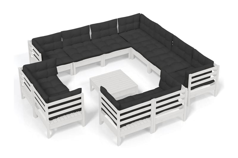 Loungegrupp Utomhus med dynor 12 delar vit massiv furu - Vit/svart - Utemöbler - Utegrupp - Loungegrupp