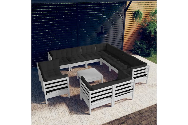 Loungegrupp Utomhus med dynor 12 delar vit massiv furu - Vit/svart - Utemöbler - Utegrupp - Loungegrupp