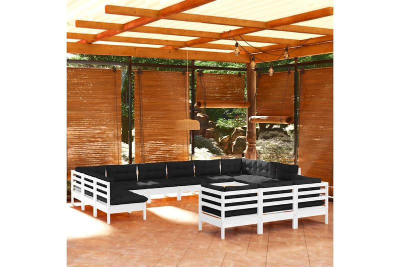Loungegrupp Utomhus med dynor 13 delar vit massiv furu - Vit/svart - Utemöbler - Utegrupp - Loungegrupp