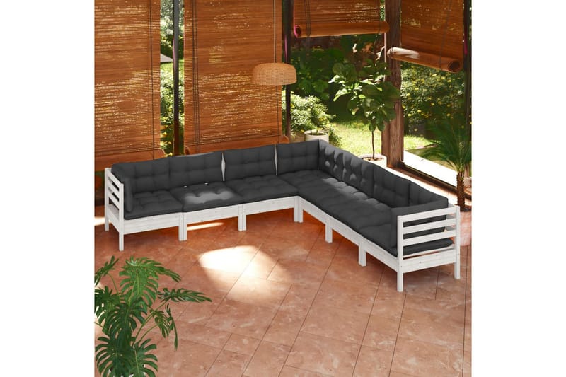Loungegrupp Utomhus med dynor 7 delar vit massiv furu - Vit/svart - Utemöbler - Utegrupp - Loungegrupp