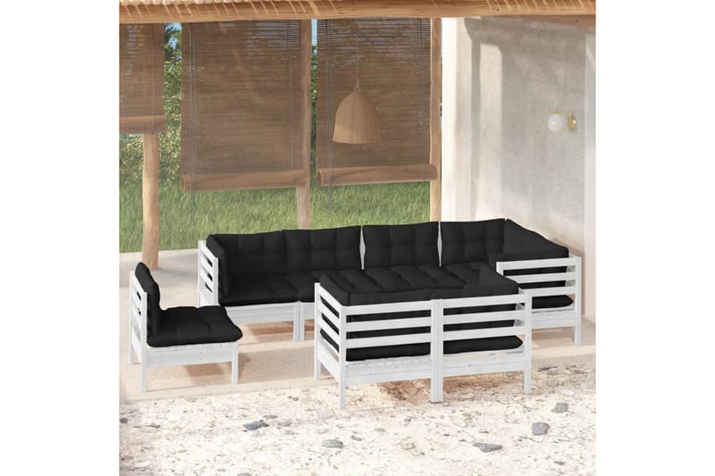 Loungegrupp Utomhus med dynor 8 delar vit massiv furu - Vit/svart - Utemöbler - Utegrupp - Loungegrupp