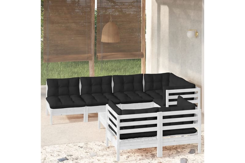 Loungegrupp Utomhus med dynor 8 delar vit massiv furu - Vit/svart - Utemöbler - Utegrupp - Loungegrupp