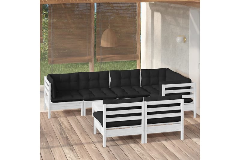 Loungegrupp Utomhus med dynor 8 delar vit massiv furu - Vit/svart - Utemöbler - Utegrupp - Loungegrupp