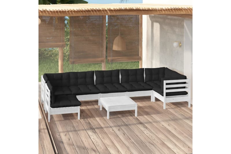 Loungegrupp Utomhus med dynor 8 delar vit massiv furu - Vit/svart - Utemöbler - Utegrupp - Loungegrupp
