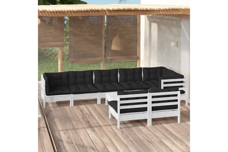 Loungegrupp Utomhus med dynor 9 delar vit massiv furu - Vit/svart - Utemöbler - Utegrupp - Loungegrupp