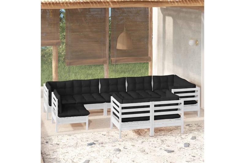 Loungegrupp Utomhus med dynor 9 delar vit massiv furu - Vit/svart - Utemöbler - Utegrupp - Loungegrupp