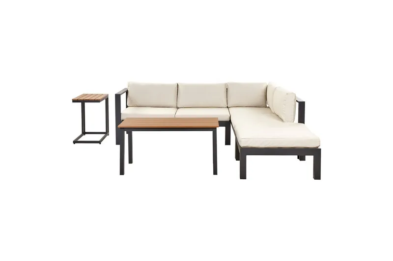 Loungegrupp med dynor Messina Svart/ljust trä/beige, Svart/ljust trä/beige