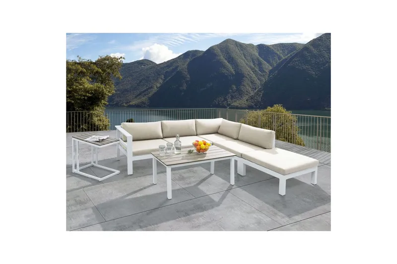 Loungegrupp med dynor Messina Vit/ljust trä/beige - Vit/ljust trä/beige - Utemöbler - Utegrupp - Loungegrupp