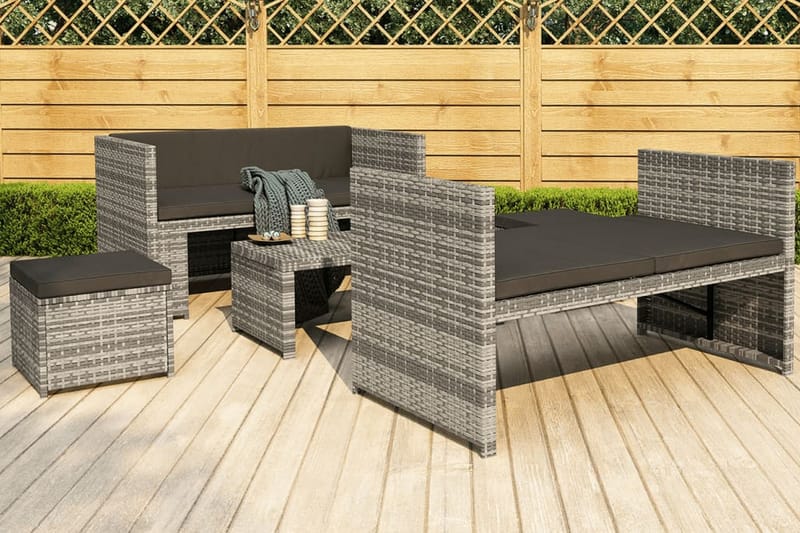 Trädgårdssoffa med dynor 5 delar konstrotting grå - Grå - Loungemöbler - Loungegrupp