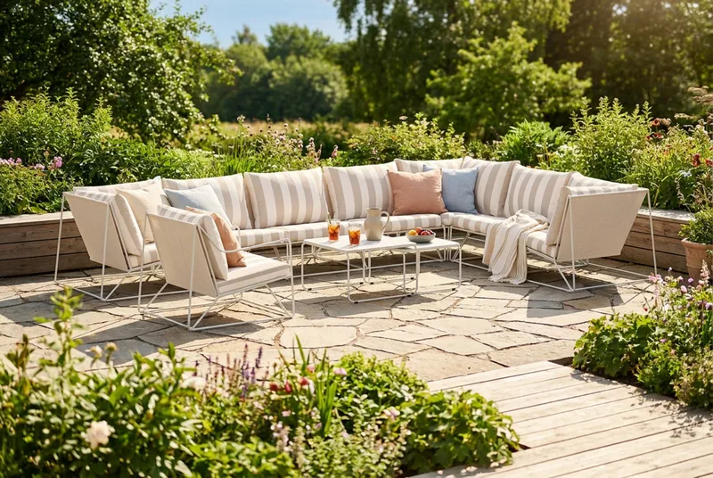 Usteryd utomhus L-soffa 8-sits vändbar med fåtölj - Beige/Striped - Utemöbler - Utegrupp - Loungegrupp