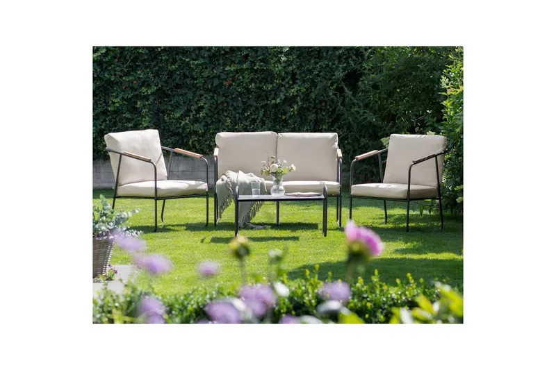 Loungegrupp Vezzana Beige/ljust trä/svart - Beige/ljust trä/svart - Utemöbler - Utegrupp - Loungegrupp