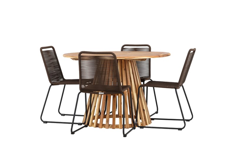 LUMPUR Matgrupp Utomhus Rund 120 cm + 4 st Lindos Matstolar Brun - Utemöbler - Utegrupp - Matgrupper utomhus