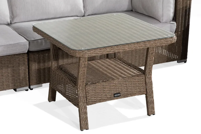 Marcus Loungegrupp utomhus - Soffgrupp till uteplats & balkong 5-sits - Loungeset konstrotting utemöbler - Brun / Vita dynor - Utemöbler - Utegrupp - Loungegrupp