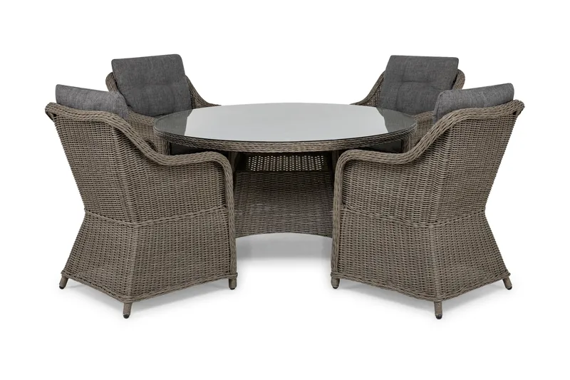 Marcus Matgrupp 140 Rund + 4 Fåtöljer m Dyna - Grå - Utemöbler - Utegrupp - Matgrupper utomhus