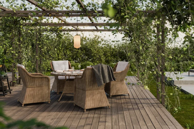 Marcus Matgrupp 140 Rund + 4 Fåtöljer m Dyna - Natur - Utemöbler - Utegrupp - Matgrupper utomhus