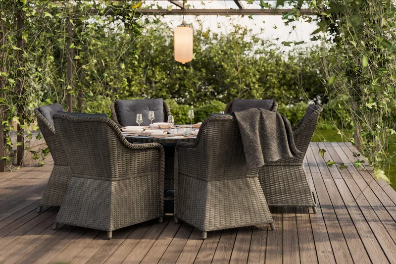 Marcus Matgrupp 140 Rund + 6 Fåtöljer m Dyna - Grå - Utemöbler - Utegrupp - Matgrupper utomhus
