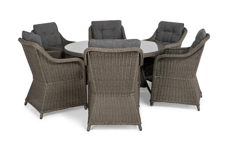 Marcus Matgrupp 140 Rund + 6 Fåtöljer m Dyna - Grå - Utemöbler - Utegrupp - Matgrupper utomhus