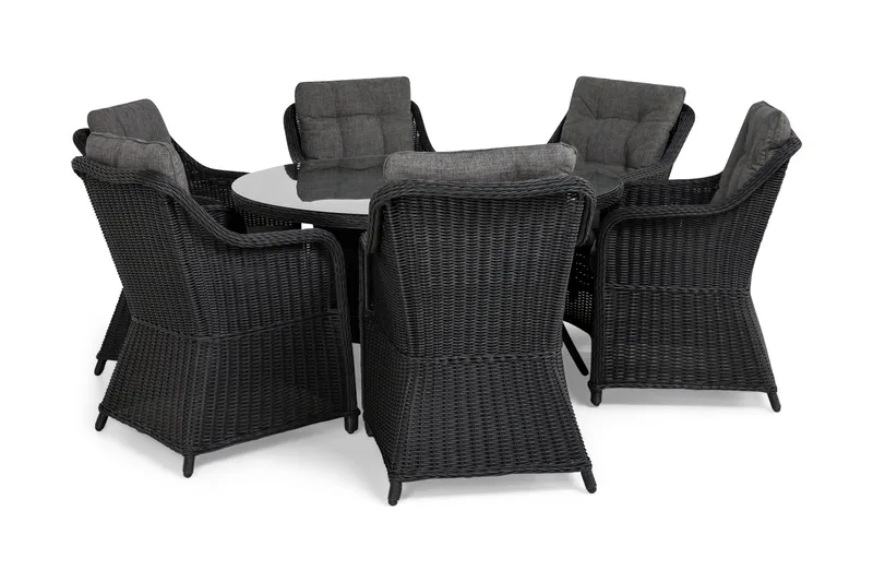 Marcus Matgrupp 140 Rund + 6 Fåtöljer m Dyna - Svart - Utemöbler - Utegrupp - Matgrupper utomhus