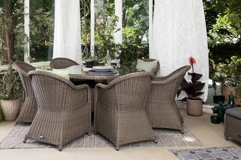 Marcus Matgrupp 140 Rund + 6 Light Fåtöljer m Dyna - Grå - Utemöbler - Utegrupp - Matgrupper utomhus