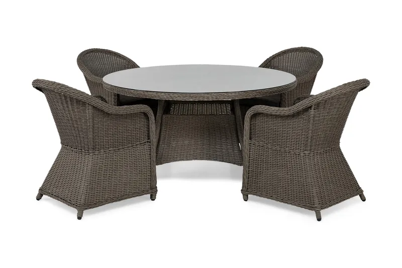Marcus Matgrupp Utomhus 140 Rund + 4 Light Fåtöljer m Dyna, Grå