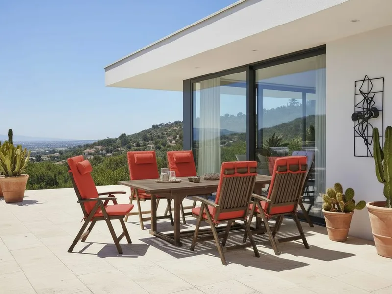 Matgrupp utomhus 6-Sits Amantea Premium Akaciaträ - Brun/Röd - Utemöbler - Utegrupp - Matgrupper utomhus