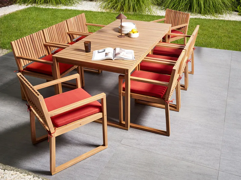 Matgrupp utomhus 8-Sits Sassari Premium med Kuddar Akaciaträ - Brun/Röd - Utemöbler - Utegrupp - Matgrupper utomhus