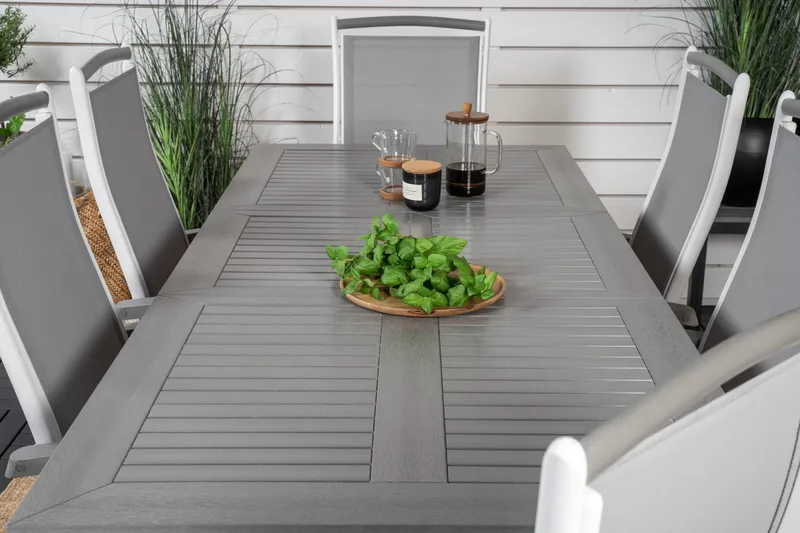 Albany Förlängningsbar Matgrupp Utomhus 152-210cm + 6 Stolar - Grå/Vit - Utemöbler - Utegrupp - Matgrupper utomhus