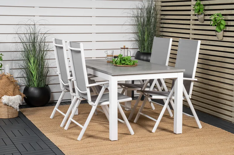 Albany Förlängningsbar Matgrupp Utomhus 152cm + 4 Break Matstolar - Grå/Vit - Utemöbler - Utegrupp - Matgrupper utomhus