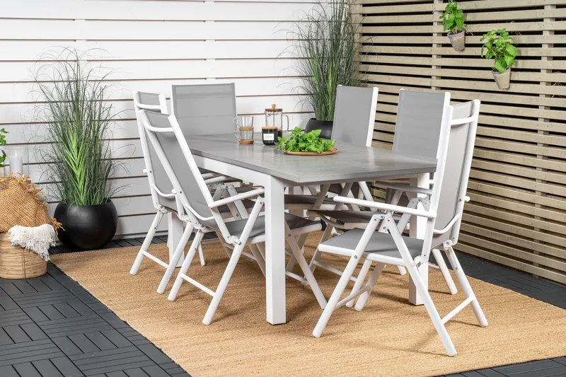 Albany Förlängningsbar Matgrupp Utomhus 152cm + 6 Break Matstolar - Grå/Vit - Utemöbler - Utegrupp - Matgrupper utomhus