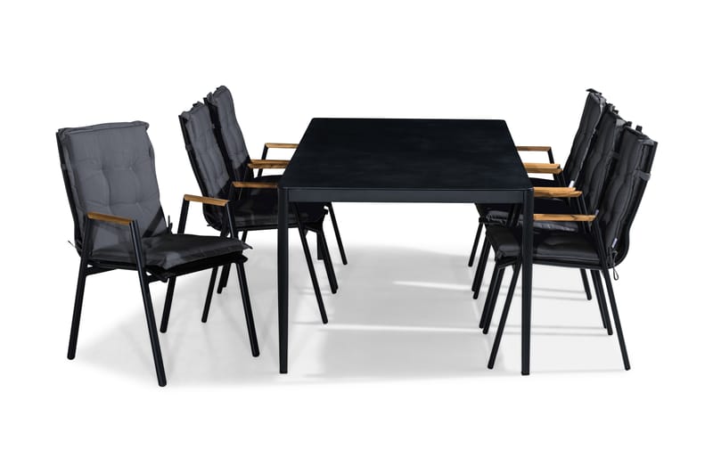 ALEX Bord 200x100 Svart/Grå + 6 LAS VEGAS Stol Teak Dyna Grå - Utemöbler - Utegrupp - Matgrupper utomhus