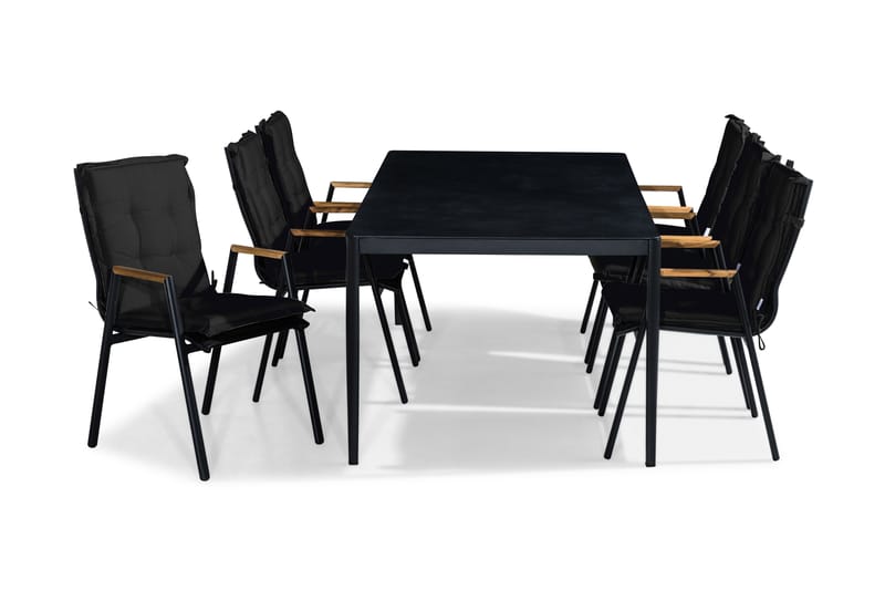 ALEX Bord 200x100 Svart/Grå + 6 LAS VEGAS Stol Teak m Dyna - Utemöbler - Utegrupp - Matgrupper utomhus