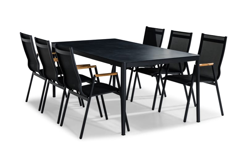ALEX Bord 200x100 Svart/Grå + 6 LAS VEGAS Stol Teak - Utemöbler - Utegrupp - Matgrupper utomhus