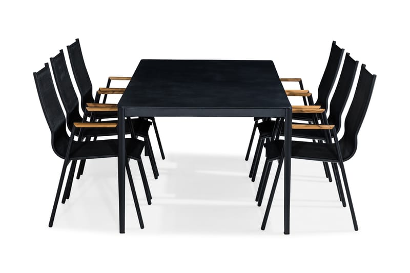 ALEX Bord 200x100 Svart/Grå + 6 LAS VEGAS Stol Teak - Utemöbler - Utegrupp - Matgrupper utomhus
