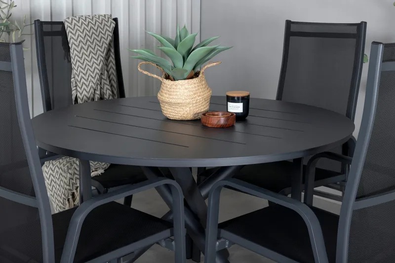 Alma Matgrupp Utomhus Rund Ø120cm + 4 Copacabana Reclinerstolar - Svart - Utemöbler - Utegrupp - Matgrupper utomhus