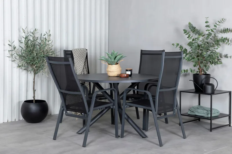 Alma Matgrupp Utomhus Rund Ø120cm + 4 Copacabana Reclinerstolar - Svart - Utemöbler - Utegrupp - Matgrupper utomhus