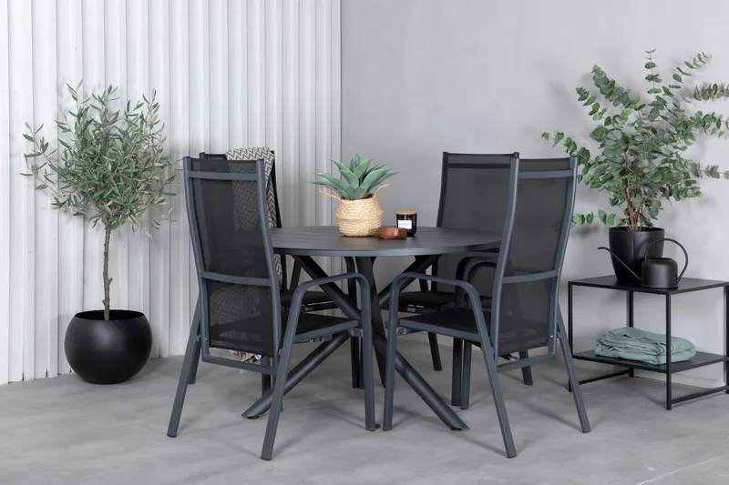 Alma Matgrupp Utomhus Rund Ø120cm + 4 Copacabana Reclinerstolar - Svart - Utemöbler - Utegrupp - Matgrupper utomhus