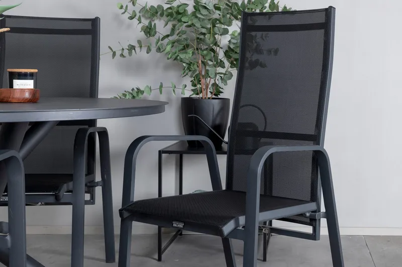 Alma Matgrupp Utomhus Rund Ø120cm + 4 Copacabana Reclinerstolar - Svart - Utemöbler - Utegrupp - Matgrupper utomhus