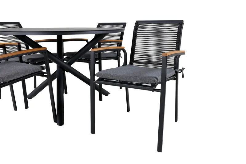 Alma Matgrupp Utomhus Rund Ø120cm + 4 Dallas Matstolar - Svart - Utemöbler - Utegrupp - Matgrupper utomhus