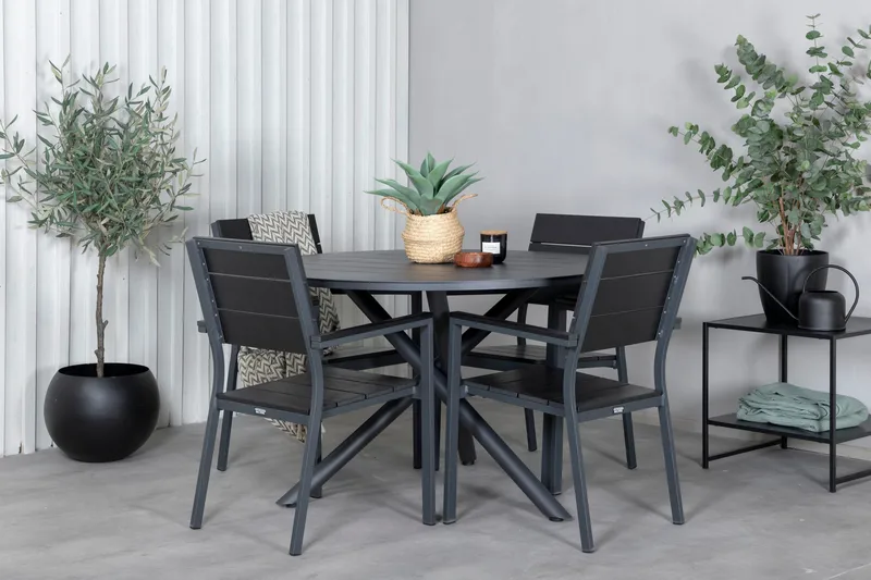 Alma Matgrupp Utomhus Rund Ø120cm + 4 Levels Stapelbara Matstolar - Svart - Utemöbler - Utegrupp - Matgrupper utomhus