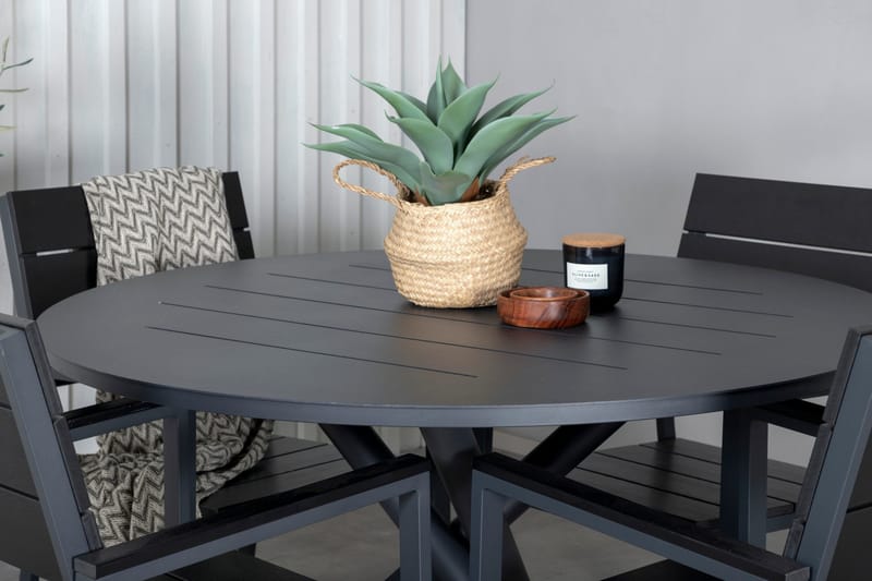 Alma Matgrupp Utomhus Rund Ø120cm + 4 Levels Stapelbara Matstolar - Svart - Utemöbler - Utegrupp - Matgrupper utomhus